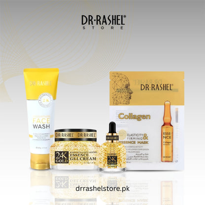 Dr. Rashel skincare products including face wash, gel cream, essence, and mask on a light gray background.