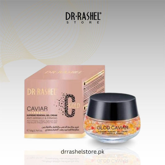 Dr. Rashel Caviar Gold skincare product with packaging on a light gray background