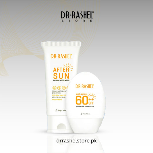 Dr. Rashel after sun and sun cream packaging on a light gray background