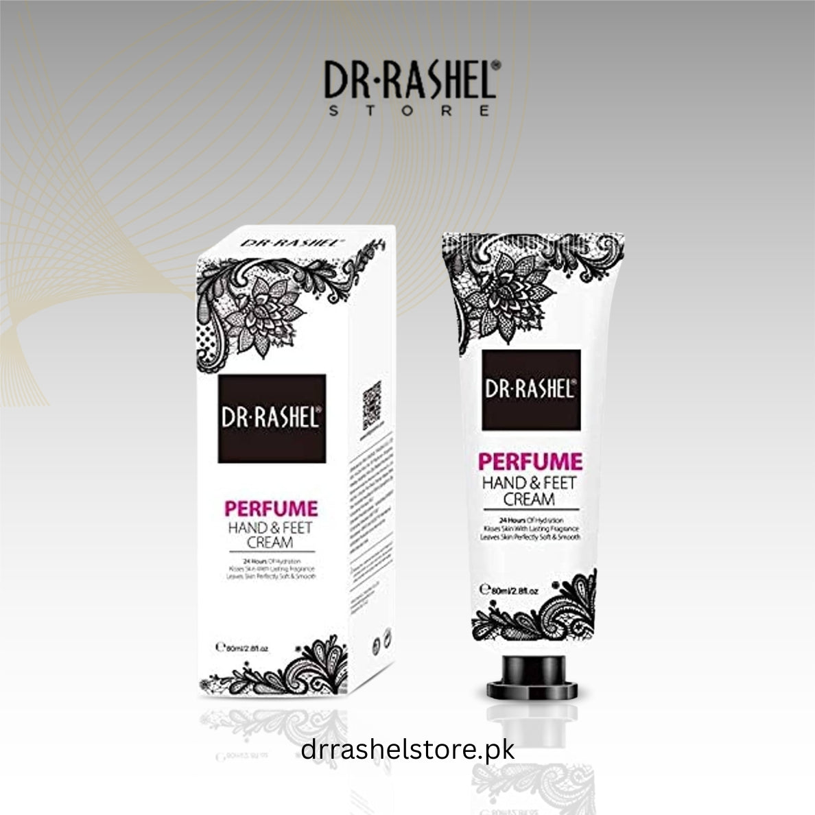 Dr. Rashel perfume hand and foot cream packaging on a light gray background