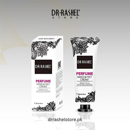 Dr. Rashel perfume hand and foot cream packaging on a light gray background
