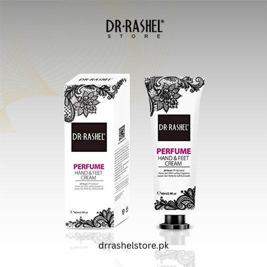 Dr. Rashel perfume hand and foot cream packaging on a light gray background