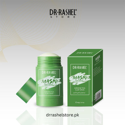 Green tea clay mask stick and packaging with 'Dr. Rashel' branding on a white background.