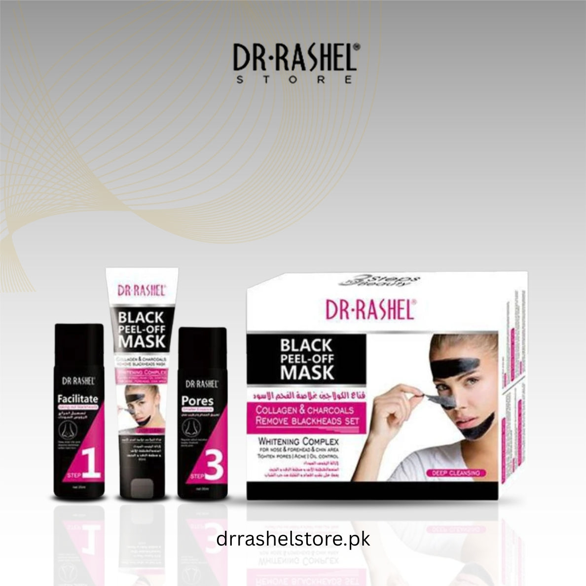 Dr. Rashel skincare products including black peel-off mask packaging and bottles on a light gray background.