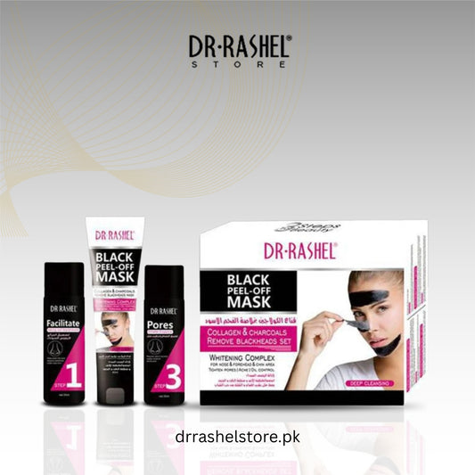 Dr. Rashel skincare products including black peel-off mask packaging and bottles on a light gray background.