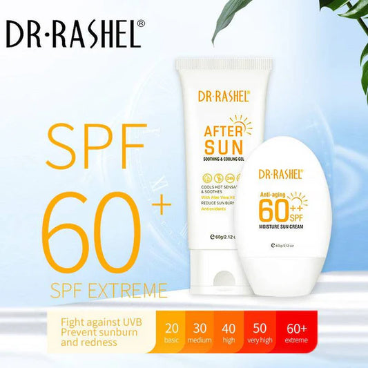 Dr. Rashel sun care products with SPF 60+.