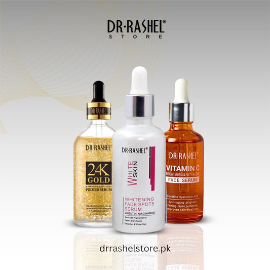 Three Dr. Rashel skincare serum bottles on a light gray background with 'Dr. Rashel Store' branding.