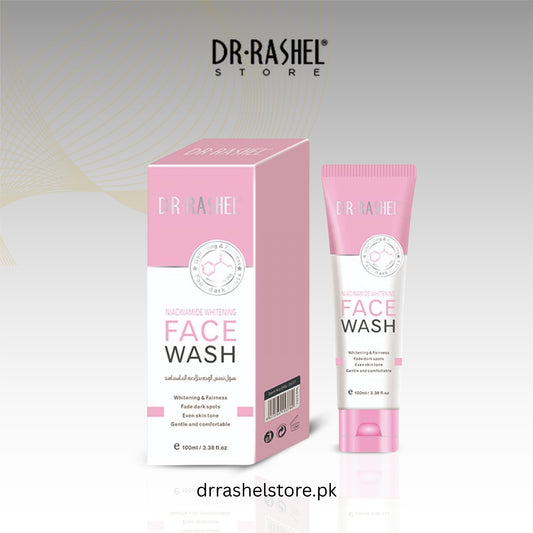 Dr. Rashel Face Wash packaging with pink and white design on a light gray background