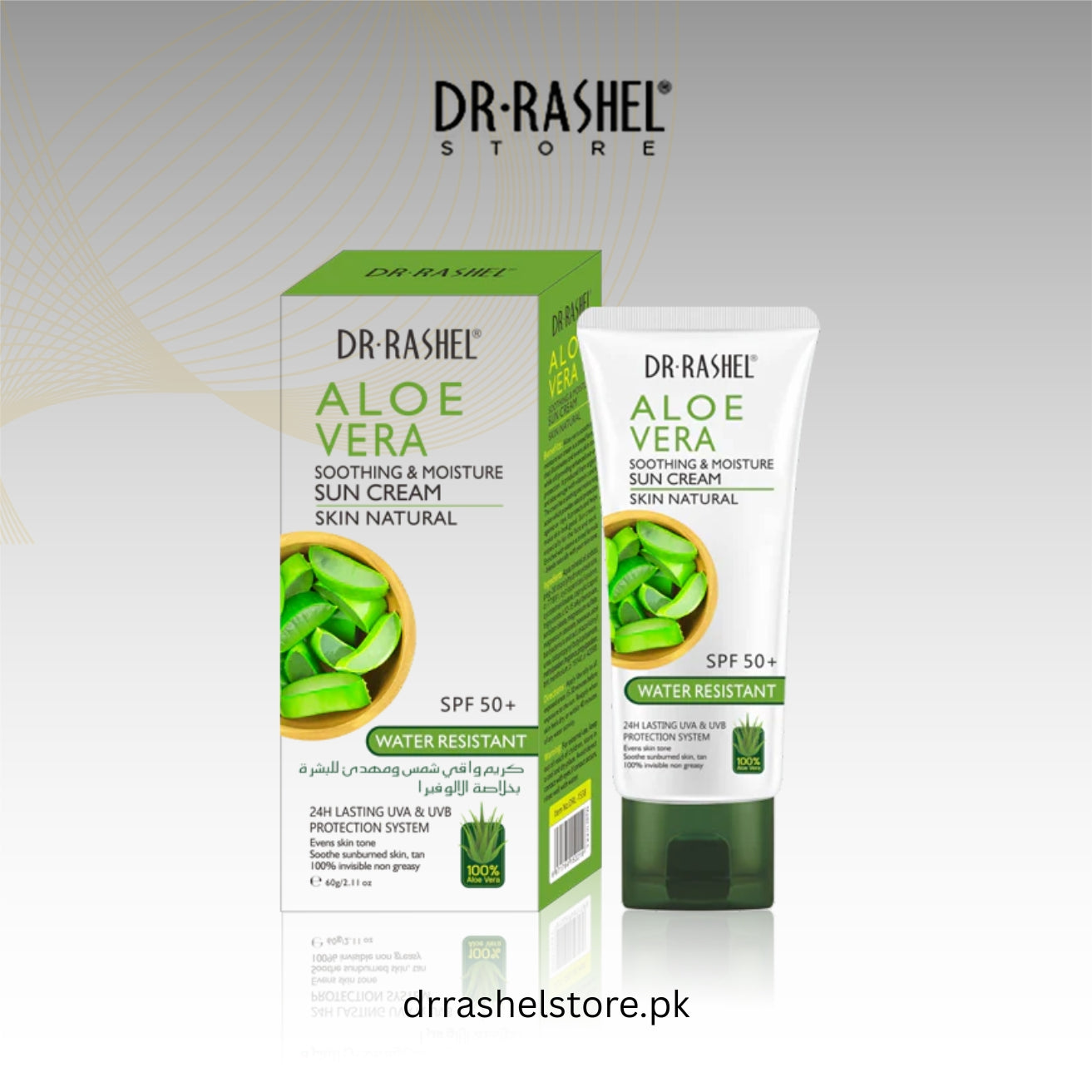 Dr. Rashel Aloe Vera sun cream packaging on a gray background