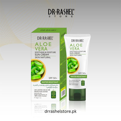 Dr. Rashel Aloe Vera sun cream packaging on a gray background