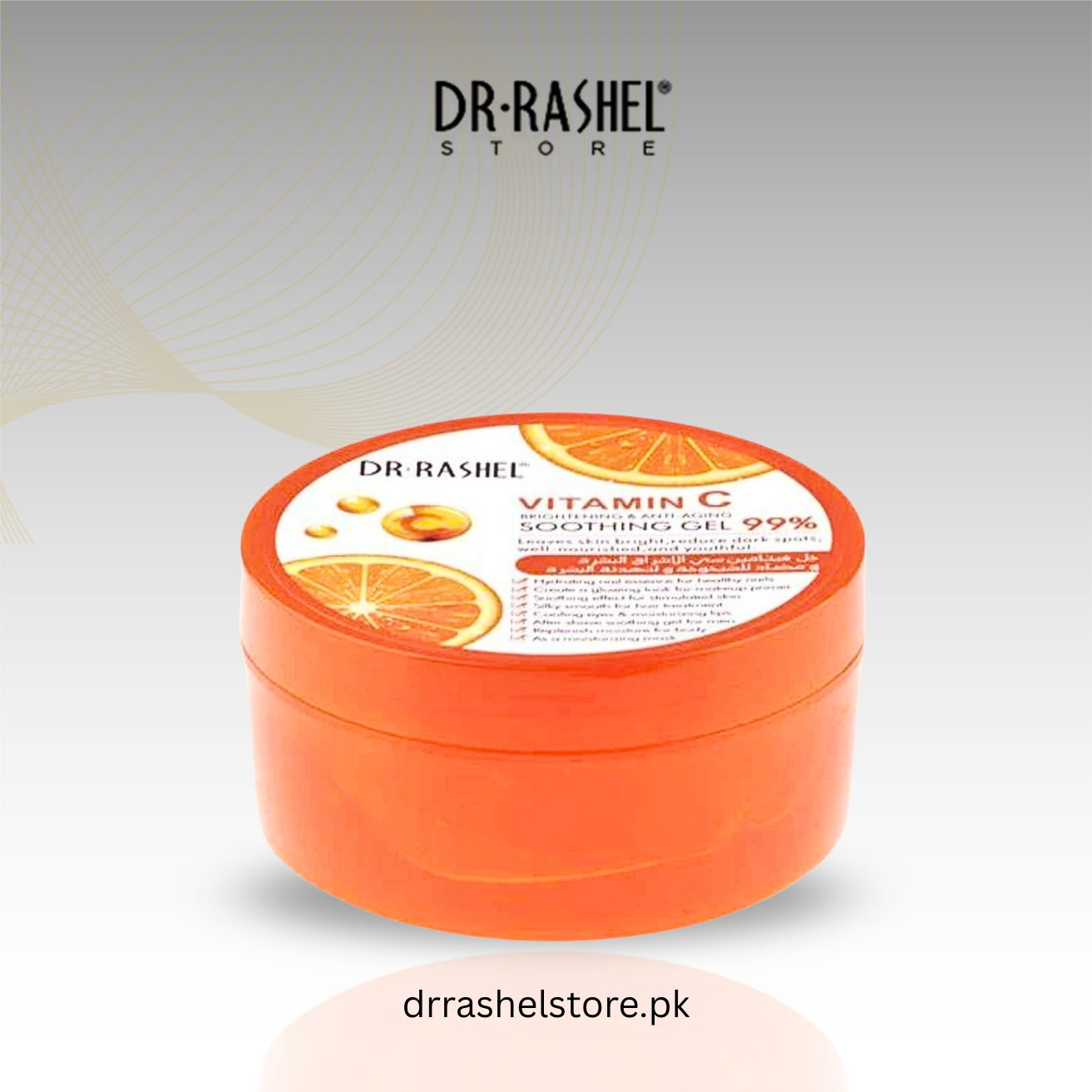 Dr. Rashel Vitamin C Soothing Gel container with orange design on a light gray background
