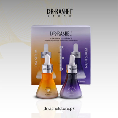 Dr. Rashel skincare serum set with packaging on a light gray background