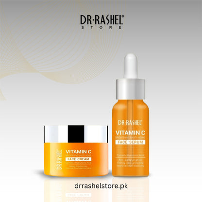 Dr. Rashel Vitamin C face serum and cream on a light gray background with brand logo.