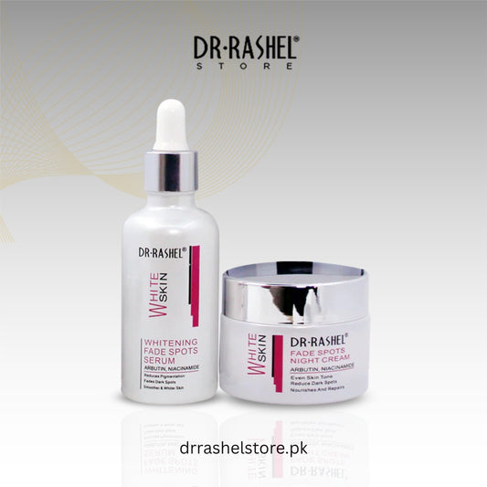 Dr. Rashel skincare products including serum and night cream on a light gray background.
