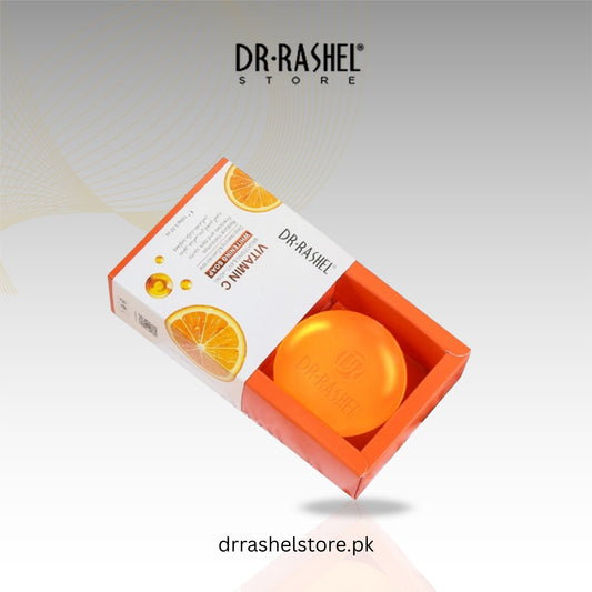 Orange soap bar with packaging featuring DR. RASHEL branding on a light gray background.