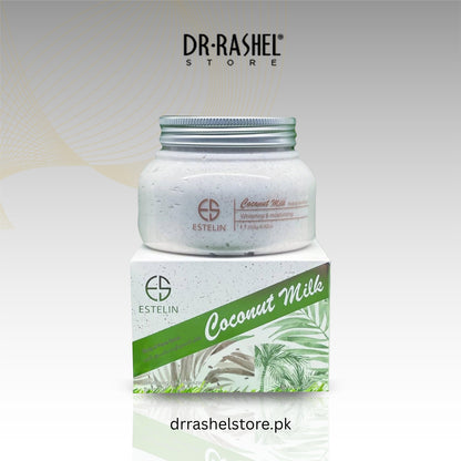 Jar of coconut milk with packaging on a light gray background, featuring the Dr. Rashel brand.