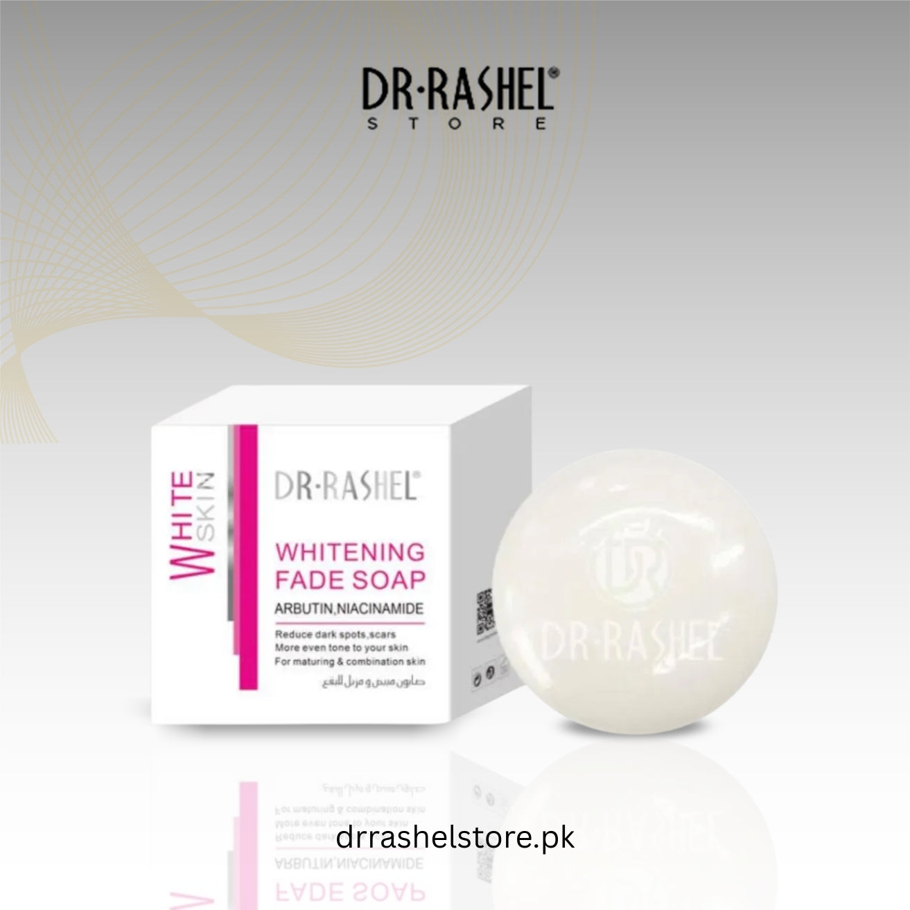 Dr. Rashel Whitening Fade Soap packaging with soap bar on a light gray background