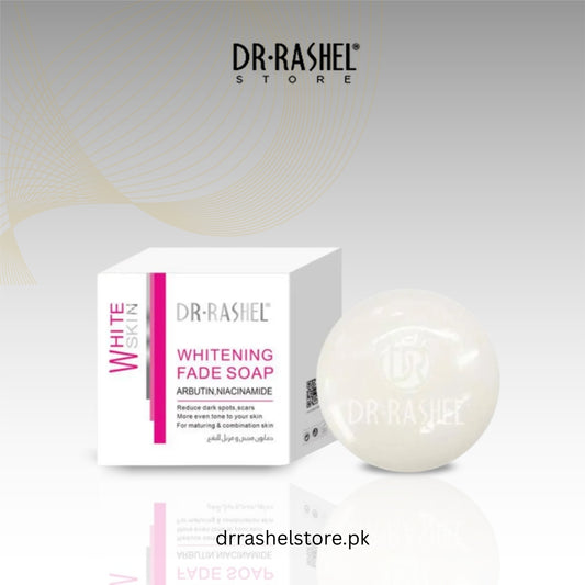Dr. Rashel Whitening Fade Soap packaging with soap bar on a light gray background