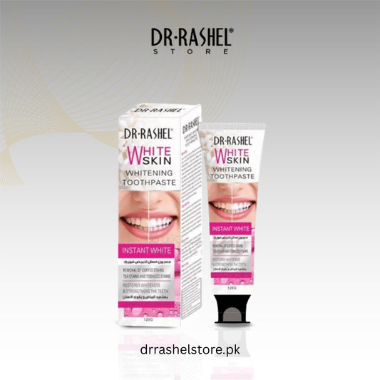 Dr. Rashel White Skin Whitening Toothpaste packaging on a light gray background