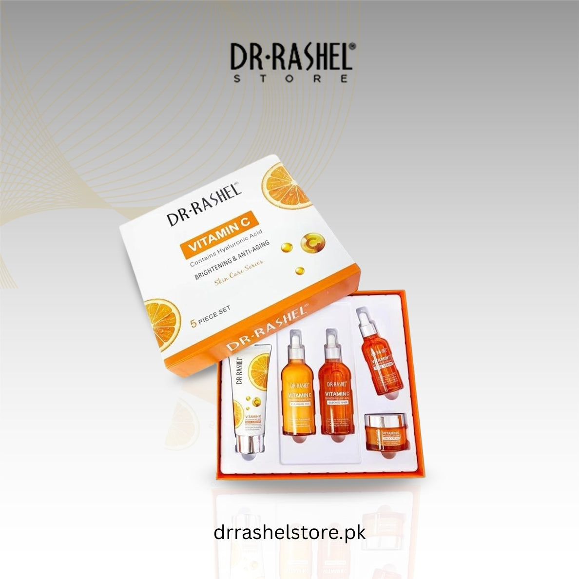 Dr. Rashel Vitamin C skincare set with packaging on a light gray background
